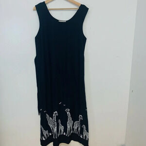 Vintage Maxi Dress Large Black Giraffe Print Sleeveless Tropical Made USA Beach